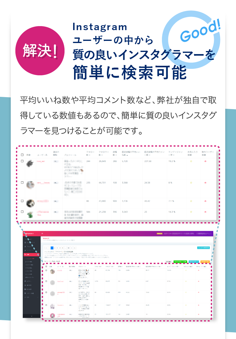 質の良いインスタグラマーを簡単に検索可能